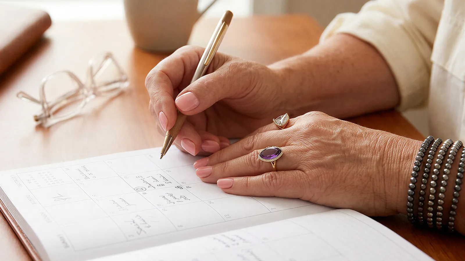 Hands writing in a day planner while keeping track of an aging parent's appointments and care.