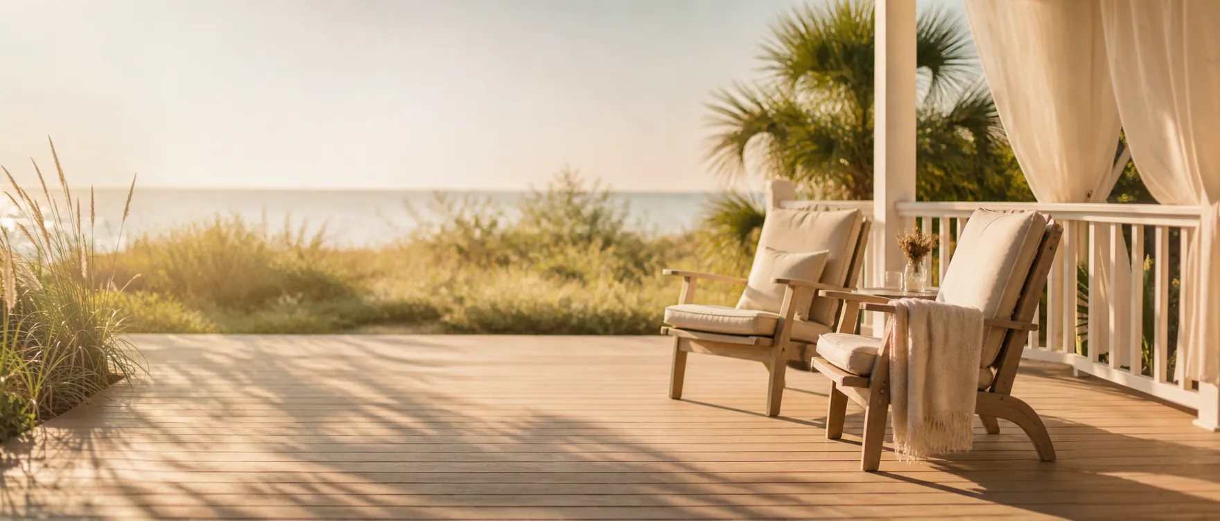 A porch with chairs overlooking the water at golden hour in Southwest Florida
