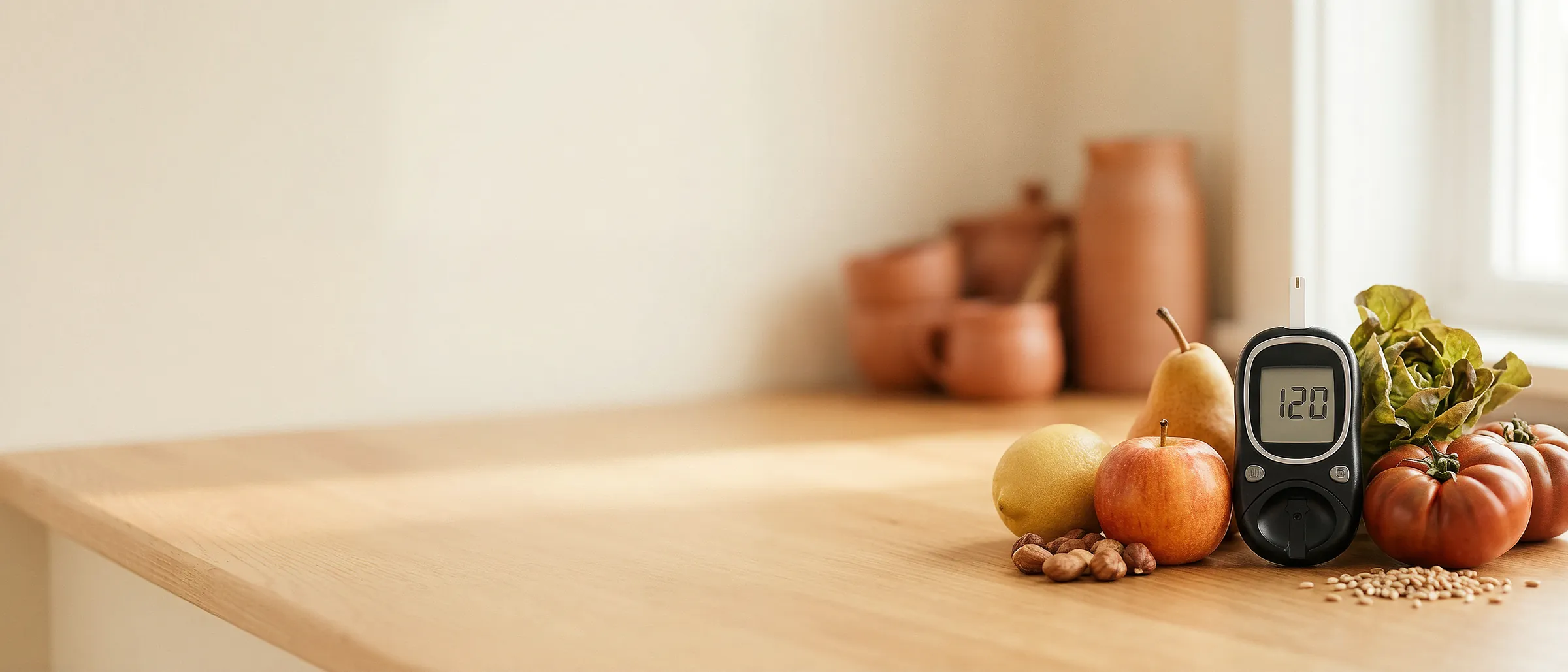 Fresh fruit and a glucose meter on a kitchen counter