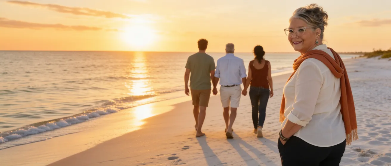 Tammy Rumberger, RN, smiling on a Southwest Florida beach at sunset as a family walks together along the shore